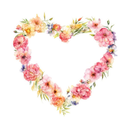 Botanical flower frame composition of watercolor plants, heart-shaped framework, blank for text, beauty services, price lists, postcards and other designs of spring theme.の素材