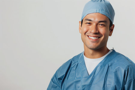 Portrait of a smiling male surgeon wearing surgical cap and scrubsの素材