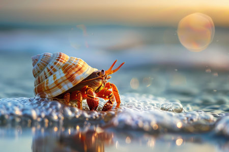 Cute hermit crab with a shell walks looking for food on the seashore, marine life, animals, nature.の素材