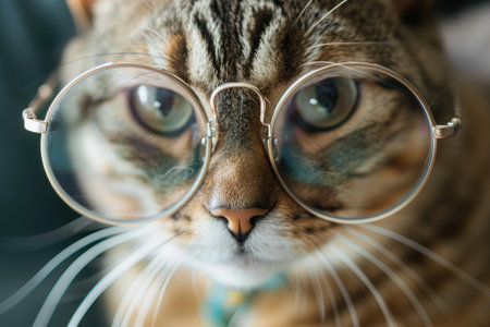 Close-up of the face of a cute cat in glasses, a stylish funny kitten, animals.の素材