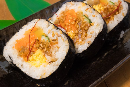 Korean Kimbap Rolls Served on Plateの写真素材