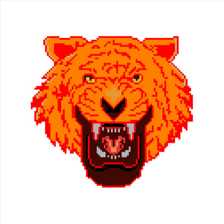 Pixel art with angry tiger face. Vector illustration.のイラスト素材