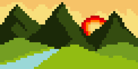 Mountains landscape with pixel art. Vector illustration.のイラスト素材