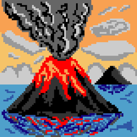 Pixel art with volcano mountain.のイラスト素材