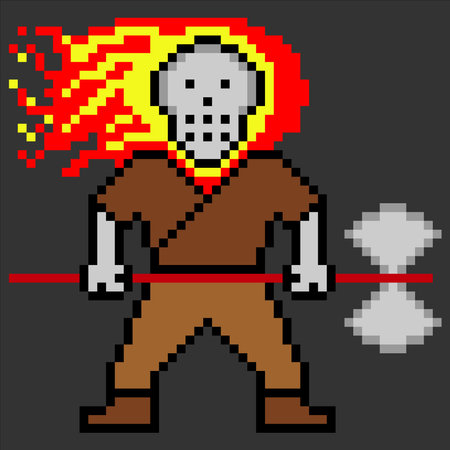 Fighting warrior with fire skull head in pixel art. Vector illustrations.のイラスト素材