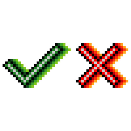 Check mark and cross mark. Tick and cross sign with pixel art. Vector illustrationのイラスト素材