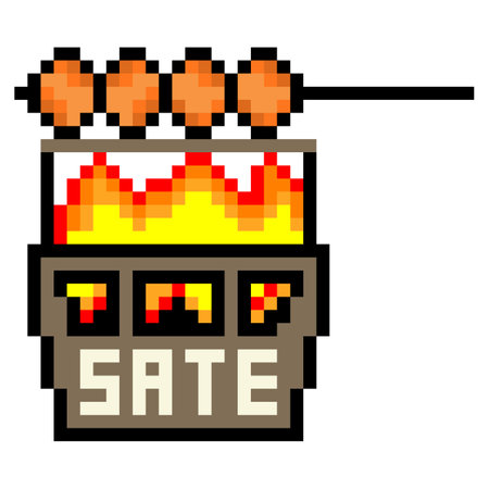 Pixel art with satay on the grill fire. Indonesia food satay. Vector illustration.のイラスト素材