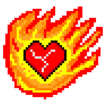 Fire burning Heart symbol with pixel artのイラスト素材