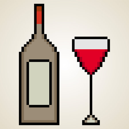wine bottle and wine glass pixel art. Vector illustrationのイラスト素材