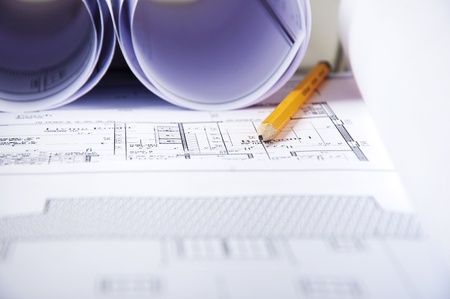 pencil, blueprints and documents, workplace building engineerの写真素材