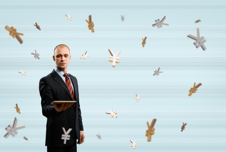 man holding tablet, place for text, money conceptの写真素材