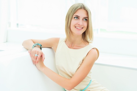 portrait of a beautiful woman in the cafe, smile and happyの写真素材