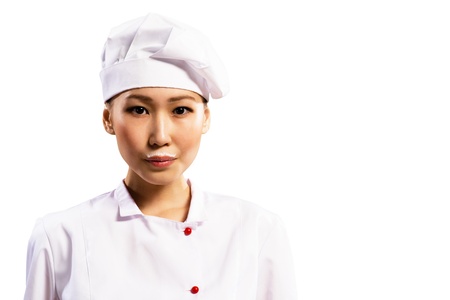 Asian woman chef drinking milk, milk mustache on her lipsの写真素材
