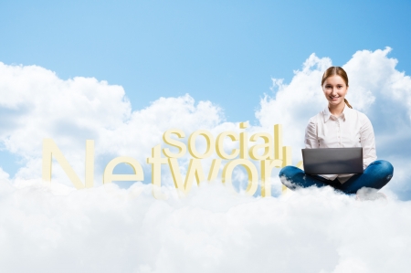 girl sitting cross-legged on the clouds, rear three-dimensional characters social networkの写真素材