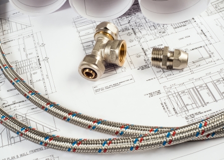 plumbing and drawings are on the desktop, workspace engineerの写真素材