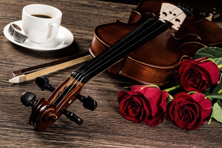 Violin, rose, cup of coffee and music books, still lifeの写真素材