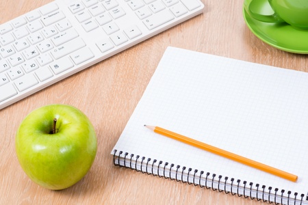 pc keyboard, pencil, coffee and notepad, workplace businessmanの写真素材