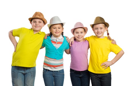 children in a row, wearing a hat  isolated on white backgroundの写真素材