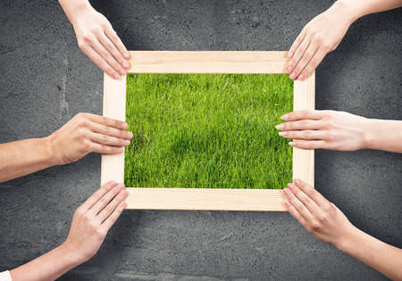 Close up of human hands holding wooden frame with green grassの写真素材