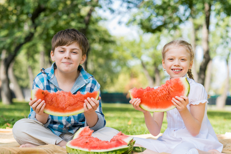 Two cute children in park eating juicy watermelonの写真素材