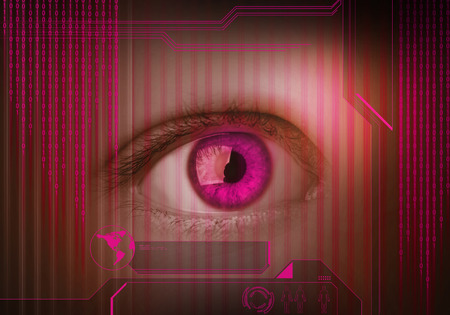Close up of human eye on digital binary backgroundの写真素材