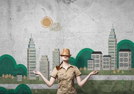 Pretty teenager girl in casual on color drawn backgroundの写真素材