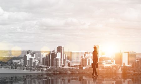 Rear view of businesswoman with suitcase looking at sunset above cityの写真素材