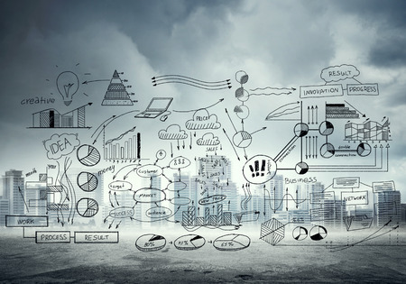 Infographic drawn elements graphs and diagram on cloud backgroundの写真素材