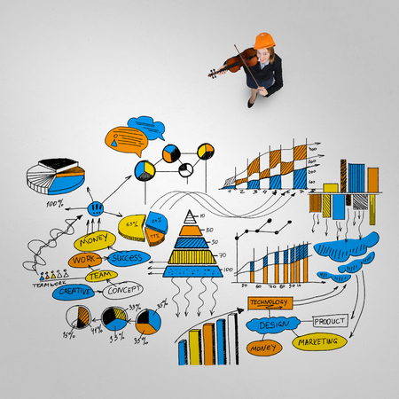 Top view of engineer woman and business strategy sketches on floorの写真素材