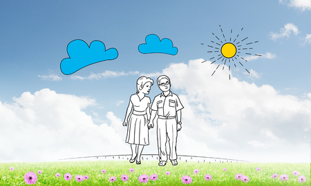 Hand drawn happy family in casual clothes walking outdoorsの写真素材