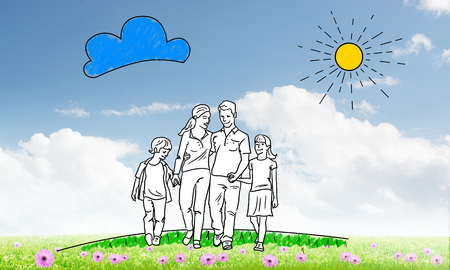 Hand drawn happy family in casual clothes with two childrenの写真素材
