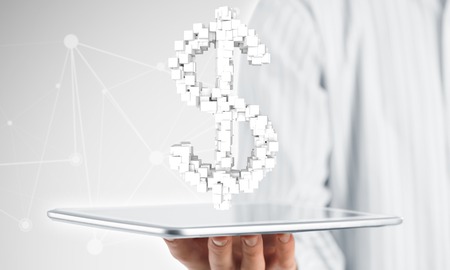 Hand of businessman showing tablet pc with dollar currency sign