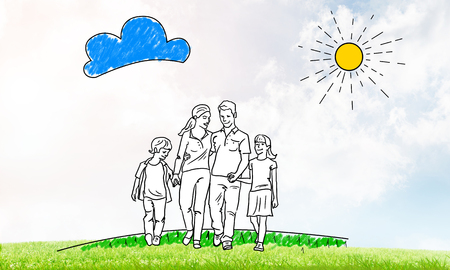 Hand drawn happy family in casual clothes with two childrenの写真素材