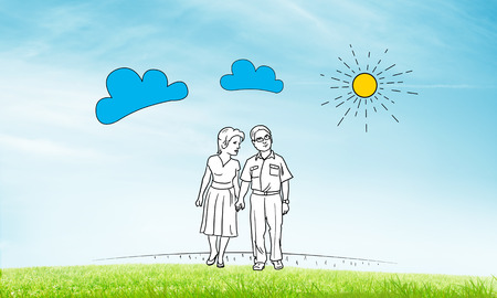 Hand drawn happy family in casual clothes walking outdoorsの写真素材