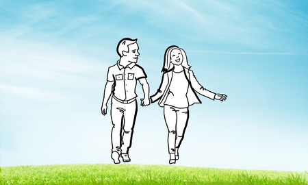 Hand drawn happy family in casual clothes walking outdoorsの写真素材