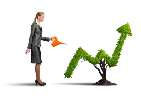Young attractive businesswoman watering plant in pot with can on white backgroundの写真素材
