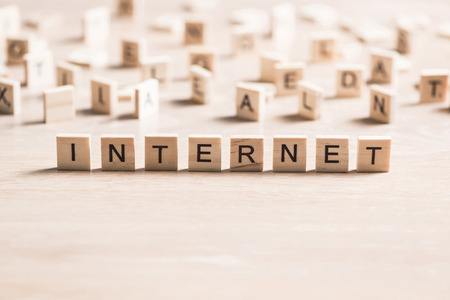Internet media conceptual word collected of wooden elements with the lettersの写真素材
