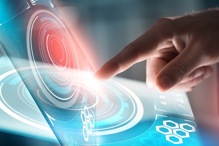 Businessman hand touching with finger virtual panel with infographs