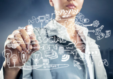 Close view of businesswoman drawing strategy plan on screenの写真素材