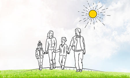Hand drawn happy family in casual clothes with two childrenの写真素材