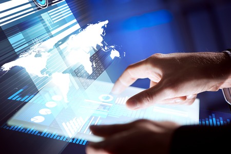 Businessman hand touching with finger virtual panel with infographs