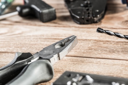 Carpentry tools on wooden surfaceの写真素材