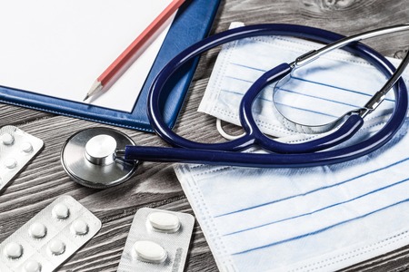 Desk of doctor with medicine thingsの写真素材