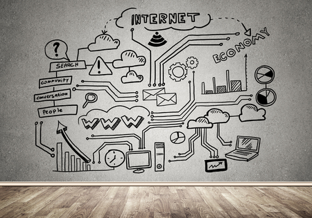 Room interior with business sketches on wallの写真素材