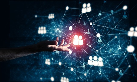 Background conceptual image with social connection lines on dark backdropの写真素材