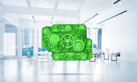 Color gears and cogwheels mechanism or engine on white office background. 3d rendering