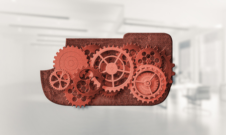 Color gears and cogwheels mechanism or engine on white office background. 3d renderingの写真素材