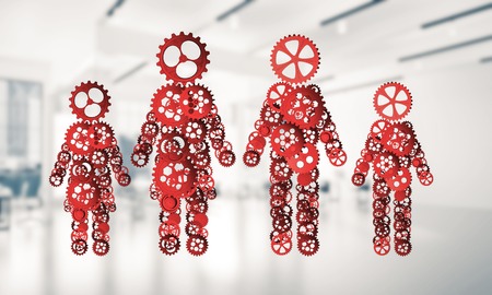 Figures of man and woman made of gears and cogwheels on white office background. 3d renderingの写真素材