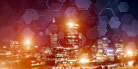 Conceptual background image with night city scape and modern connections conceptの写真素材