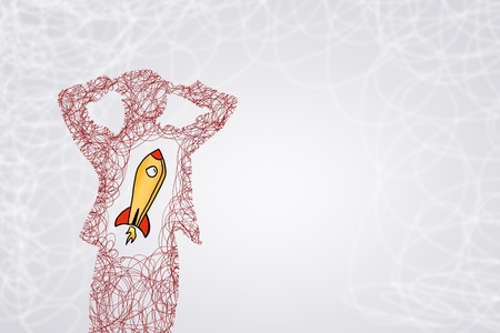 Drawn silhouette of businessman and flying rocket in his chestの写真素材